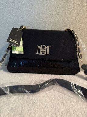 Badgley Mischka Black Sequin Evening Bag NWT Chain Strap Clutch Shoulder Purse